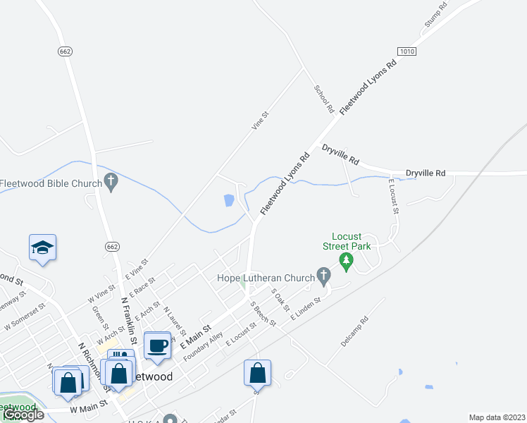 map of restaurants, bars, coffee shops, grocery stores, and more near 1145 Fleetwood Lyons Road in Fleetwood