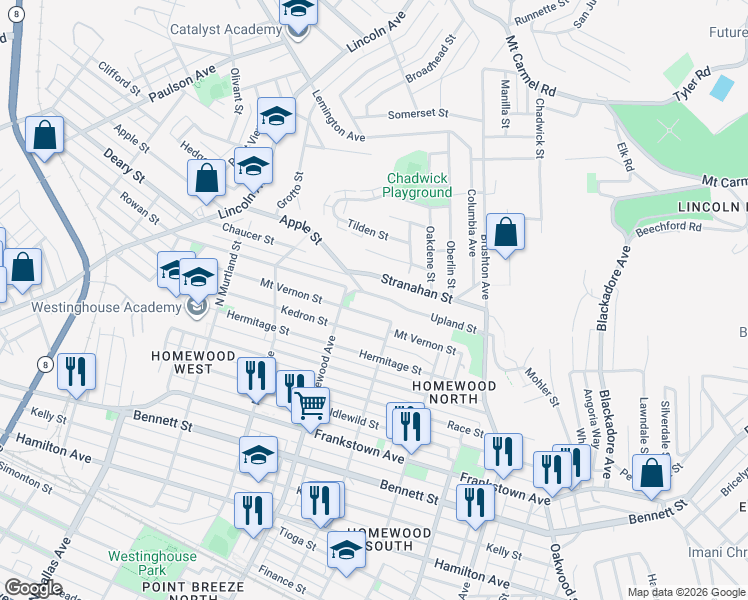 map of restaurants, bars, coffee shops, grocery stores, and more near 7238 Mount Vernon Street in Pittsburgh