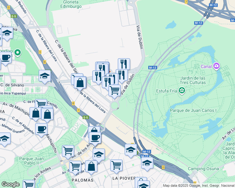 map of restaurants, bars, coffee shops, grocery stores, and more near 4 Paseo Doce Estrellas in Madrid