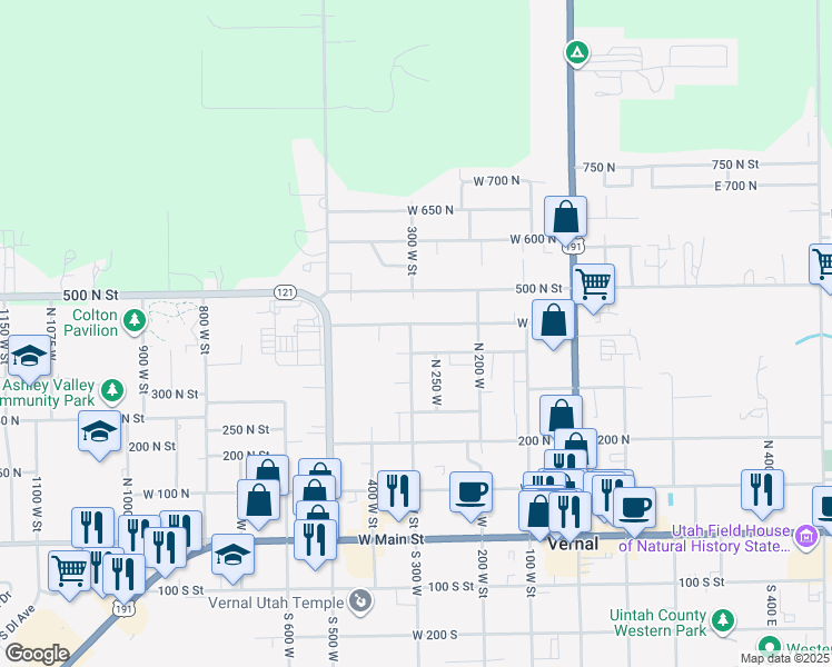 map of restaurants, bars, coffee shops, grocery stores, and more near 295 West 400 North in Vernal