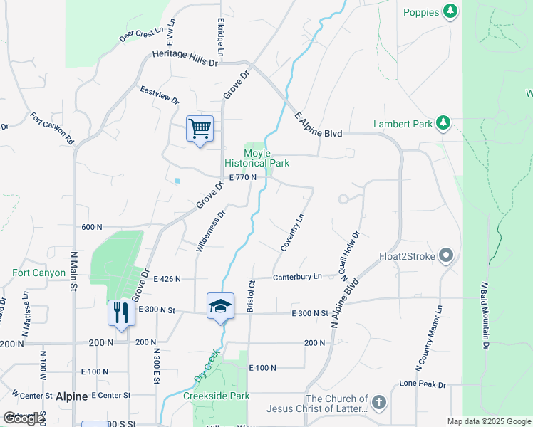 map of restaurants, bars, coffee shops, grocery stores, and more near 621 Windsor Court in Alpine