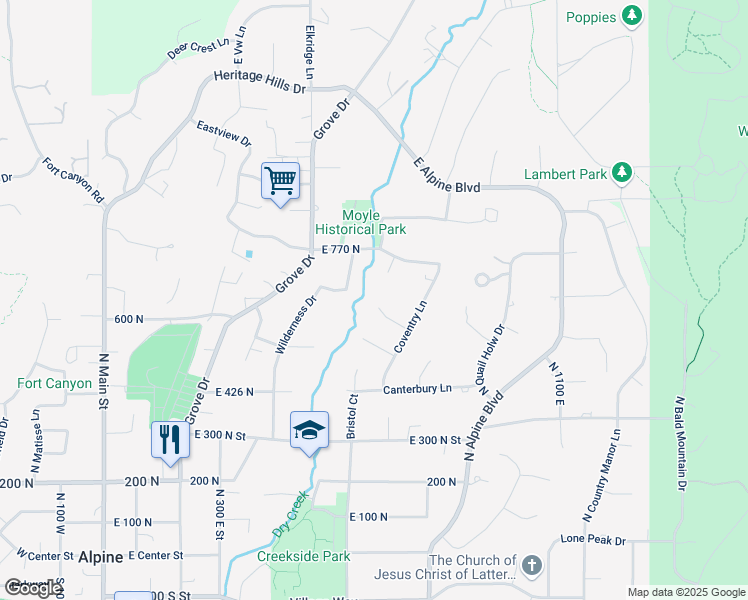 map of restaurants, bars, coffee shops, grocery stores, and more near 653 Hampton Court in Alpine