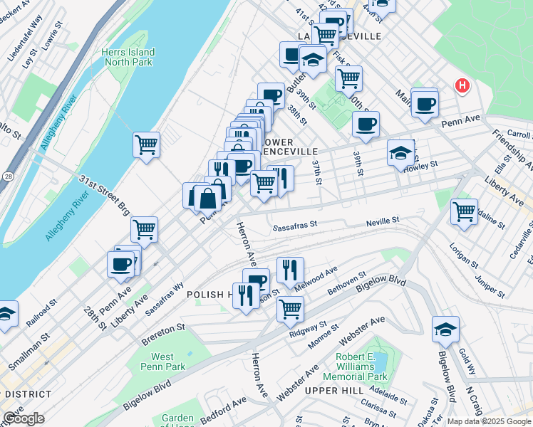 map of restaurants, bars, coffee shops, grocery stores, and more near 3400 Sassafras Street in Pittsburgh