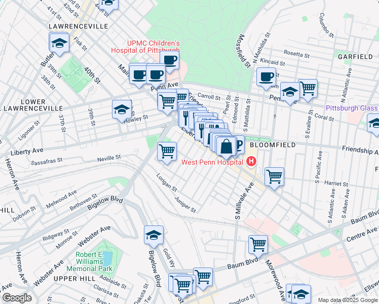 map of restaurants, bars, coffee shops, grocery stores, and more near 405 Sapphire Way in Pittsburgh