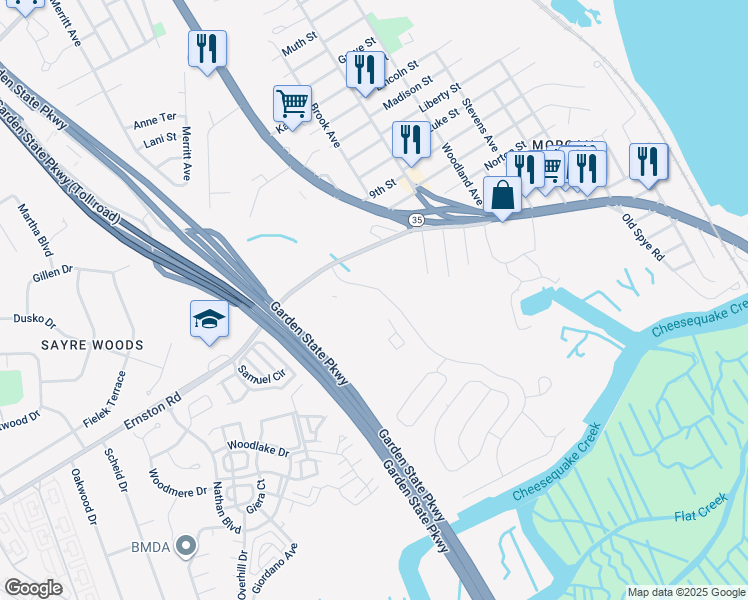 map of restaurants, bars, coffee shops, grocery stores, and more near 1415 Pebble Place in Sayreville