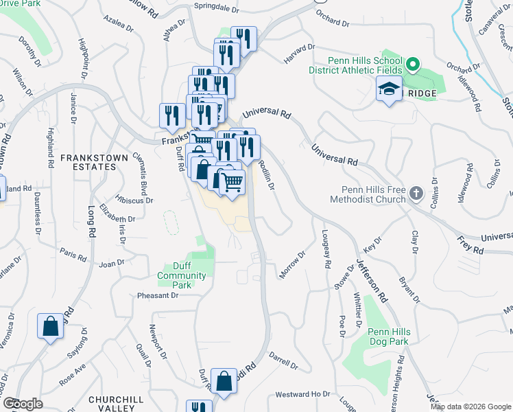 map of restaurants, bars, coffee shops, grocery stores, and more near Rodi Road in Penn Hills