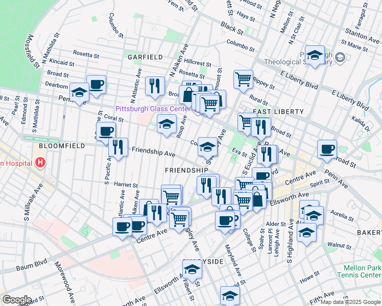 map of restaurants, bars, coffee shops, grocery stores, and more near in Pittsburgh