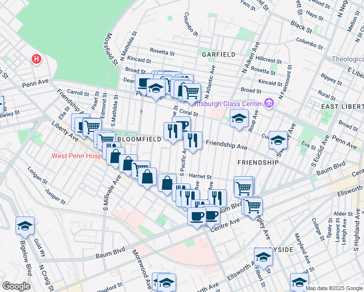 map of restaurants, bars, coffee shops, grocery stores, and more near 332 South Pacific Avenue in Pittsburgh