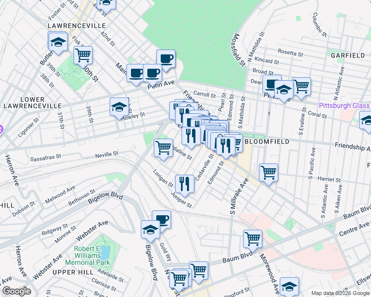 map of restaurants, bars, coffee shops, grocery stores, and more near 405 Sapphire Way in Pittsburgh