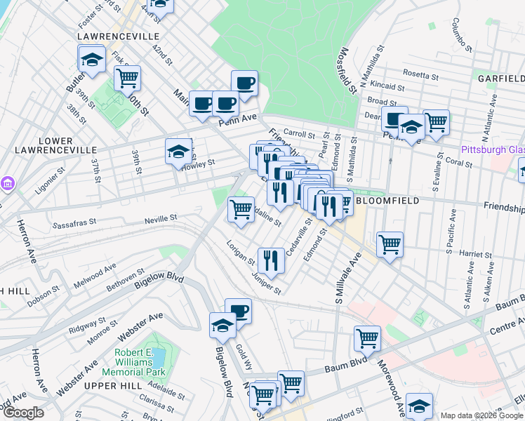 map of restaurants, bars, coffee shops, grocery stores, and more near 405 Sapphire Way in Pittsburgh