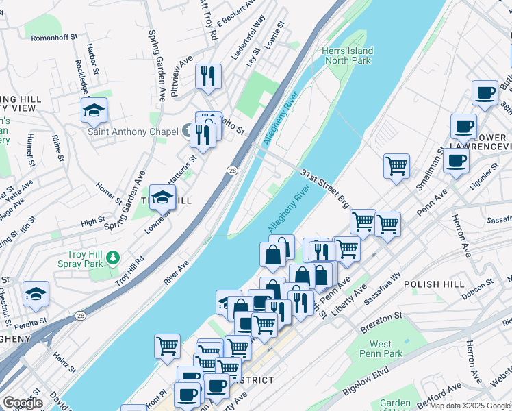 map of restaurants, bars, coffee shops, grocery stores, and more near 82 Waterfront Drive in Pittsburgh