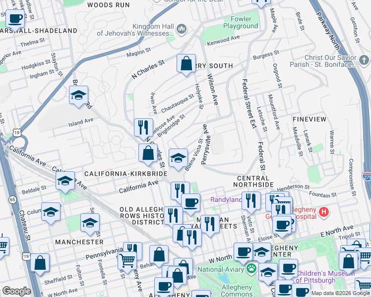 map of restaurants, bars, coffee shops, grocery stores, and more near 3 Overlook Street in Pittsburgh