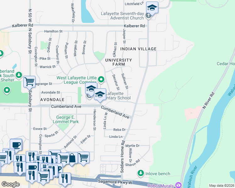 map of restaurants, bars, coffee shops, grocery stores, and more near 3000 Hamilton Street in West Lafayette