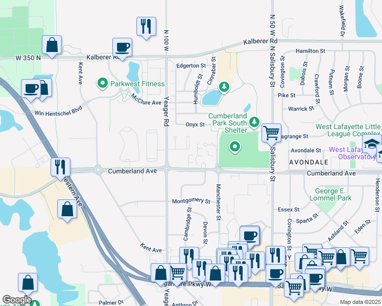 map of restaurants, bars, coffee shops, grocery stores, and more near 1056 Cumberland Avenue in West Lafayette