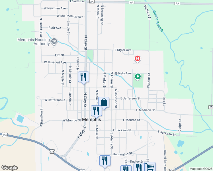 map of restaurants, bars, coffee shops, grocery stores, and more near 228 North Market Street in Memphis