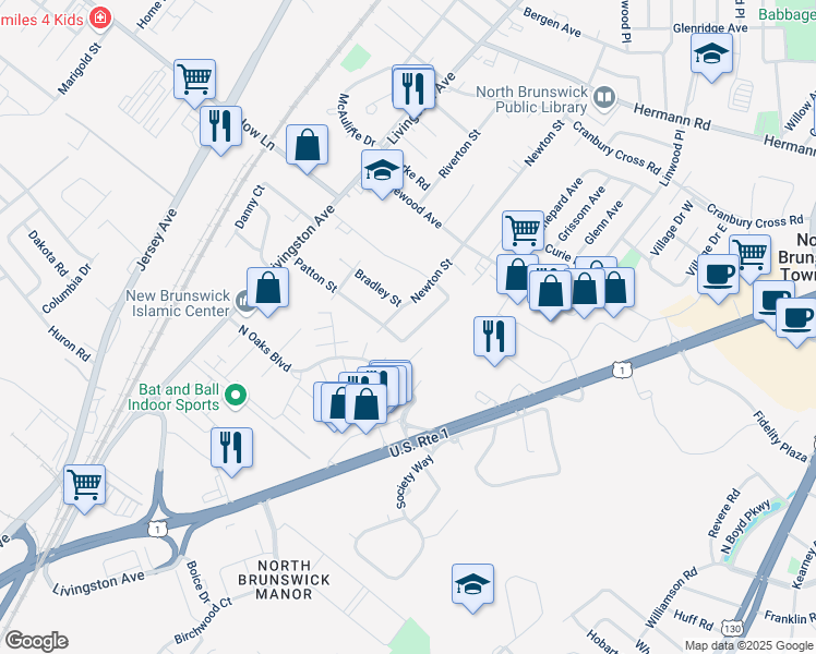 map of restaurants, bars, coffee shops, grocery stores, and more near 1225 Douglas Place in North Brunswick Township