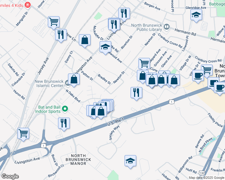 map of restaurants, bars, coffee shops, grocery stores, and more near 1225 Douglas Place in North Brunswick Township