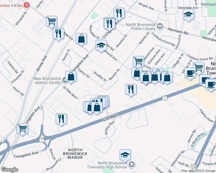 map of restaurants, bars, coffee shops, grocery stores, and more near 1225 Douglas Place in North Brunswick Township
