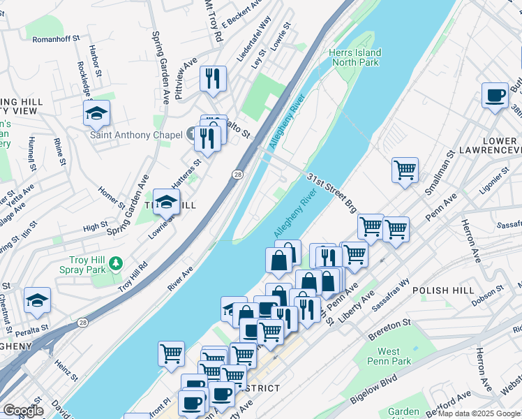 map of restaurants, bars, coffee shops, grocery stores, and more near 82 Waterfront Drive in Pittsburgh