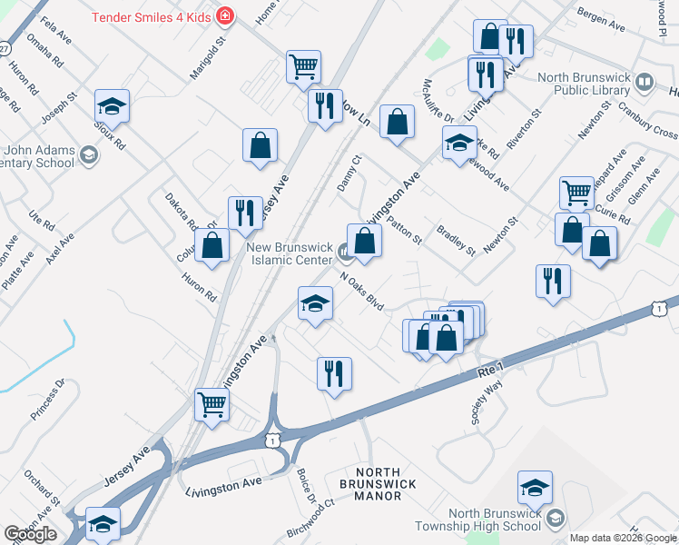 map of restaurants, bars, coffee shops, grocery stores, and more near 1330 New Jersey 26 in North Brunswick Township