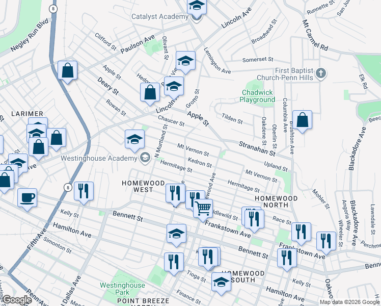 map of restaurants, bars, coffee shops, grocery stores, and more near 7100 Upland Street in Pittsburgh