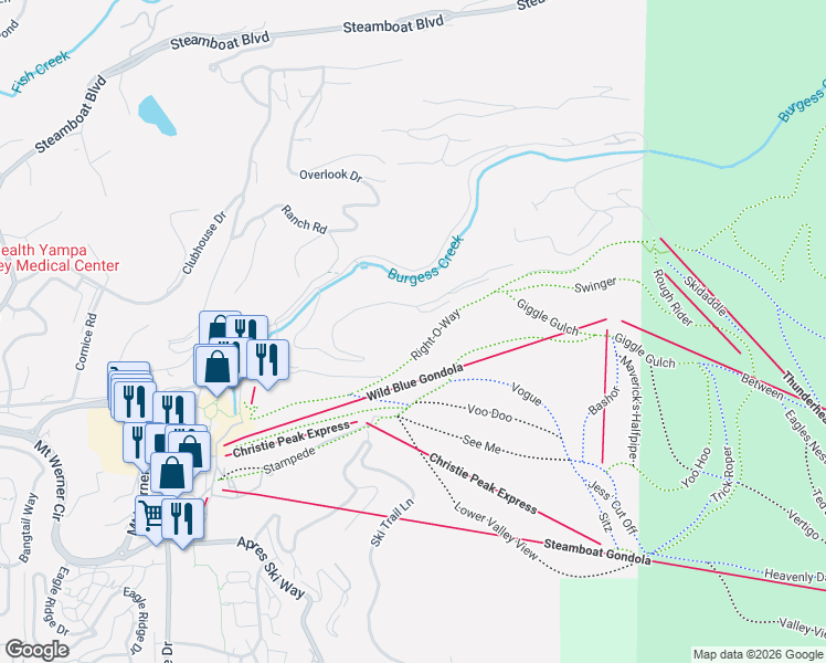 map of restaurants, bars, coffee shops, grocery stores, and more near 2375 Storm Meadows Drive in Steamboat Springs