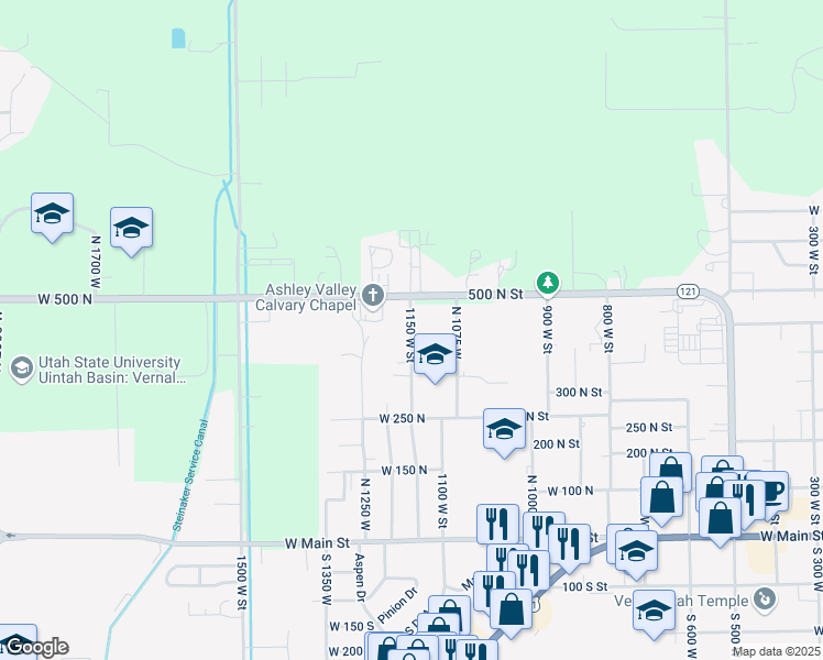 map of restaurants, bars, coffee shops, grocery stores, and more near 458 1150 West Street in Vernal
