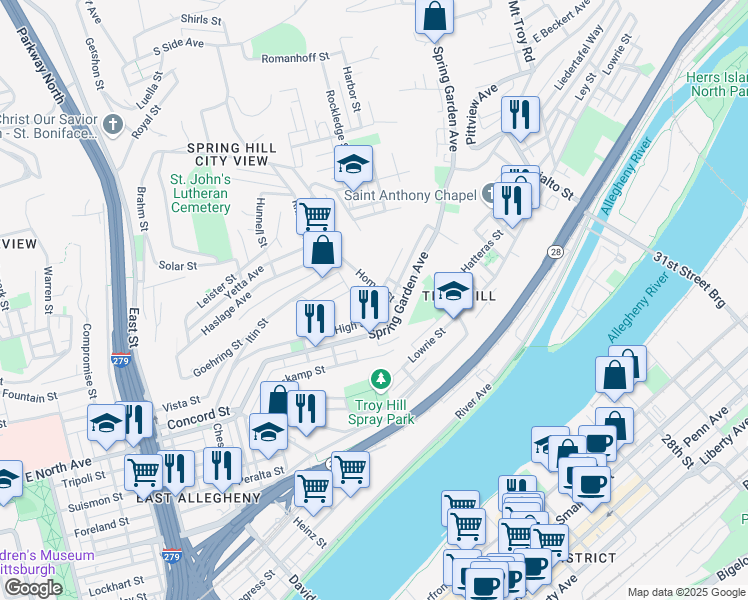 map of restaurants, bars, coffee shops, grocery stores, and more near 308 Homer Street in Pittsburgh