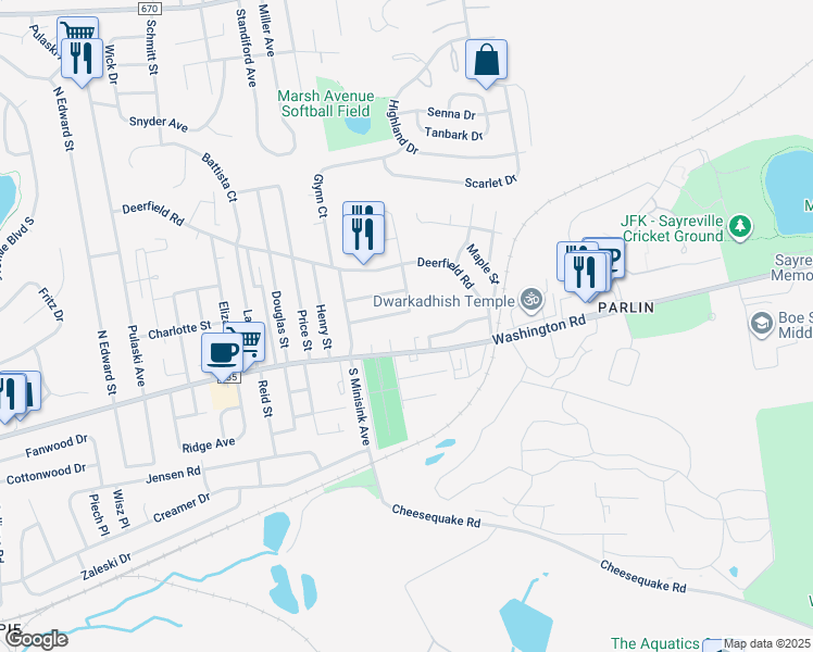 map of restaurants, bars, coffee shops, grocery stores, and more near 16 University Place in Sayreville
