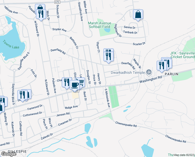 map of restaurants, bars, coffee shops, grocery stores, and more near 30 Price Street in Sayreville
