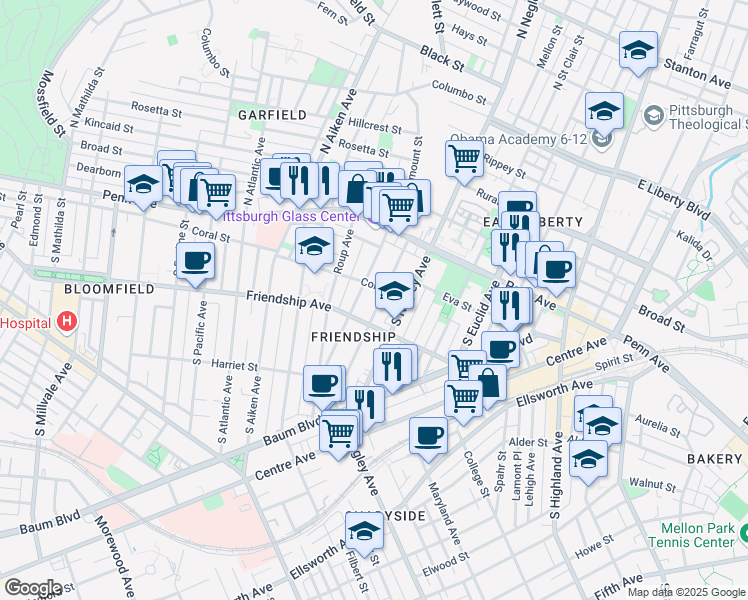 map of restaurants, bars, coffee shops, grocery stores, and more near 160 South Fairmount Street in Pittsburgh