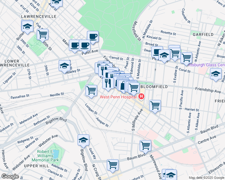 map of restaurants, bars, coffee shops, grocery stores, and more near 4623 Liberty Avenue in Pittsburgh