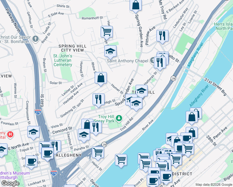 map of restaurants, bars, coffee shops, grocery stores, and more near 308 Homer Street in Pittsburgh
