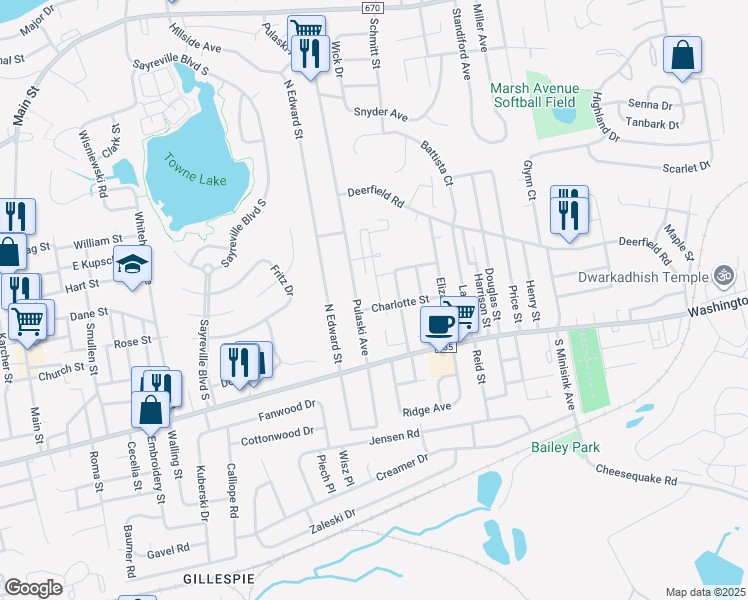 map of restaurants, bars, coffee shops, grocery stores, and more near 44 Outlook Avenue in Sayreville