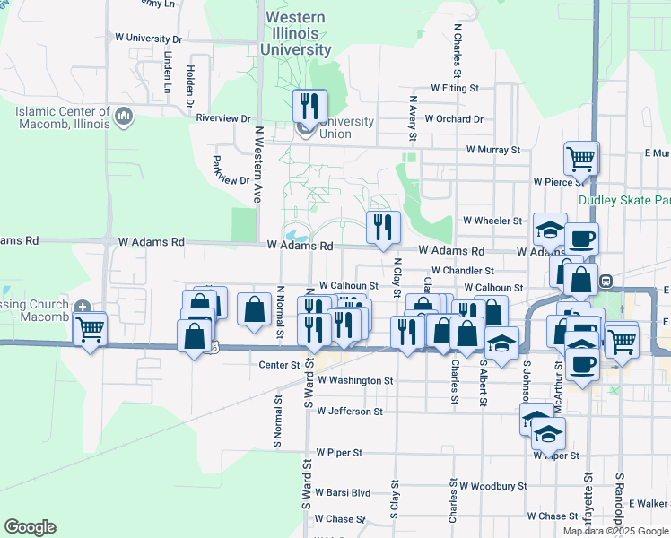 map of restaurants, bars, coffee shops, grocery stores, and more near 318 North Sherman Avenue in Macomb