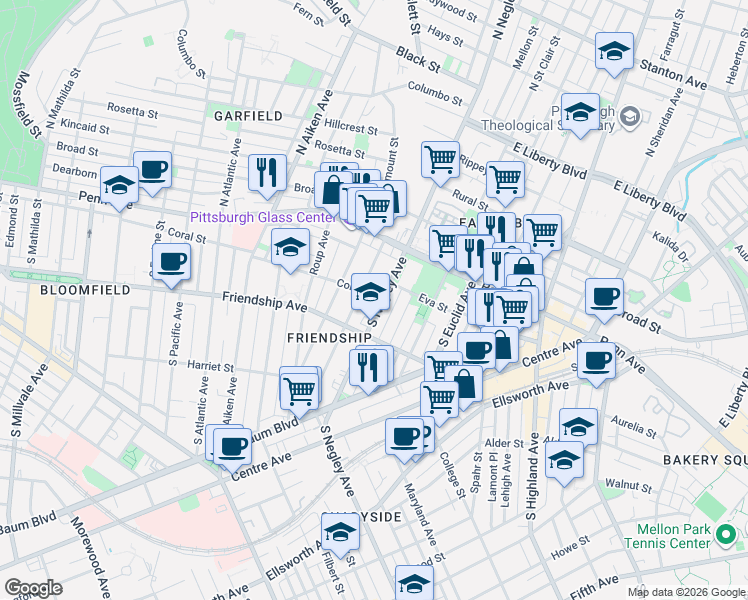 map of restaurants, bars, coffee shops, grocery stores, and more near 137 Stratford Avenue in Pittsburgh