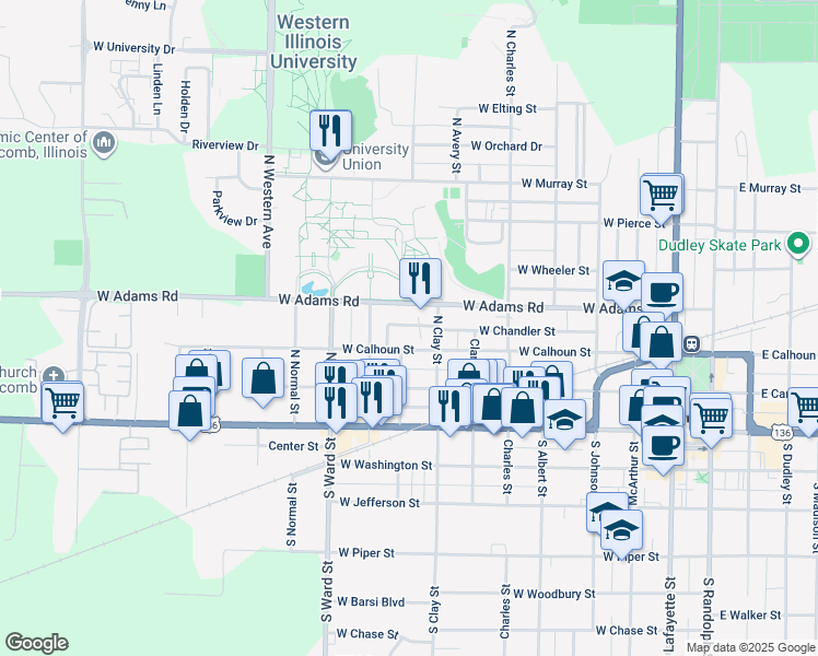 map of restaurants, bars, coffee shops, grocery stores, and more near 729 West Chandler Street in Macomb