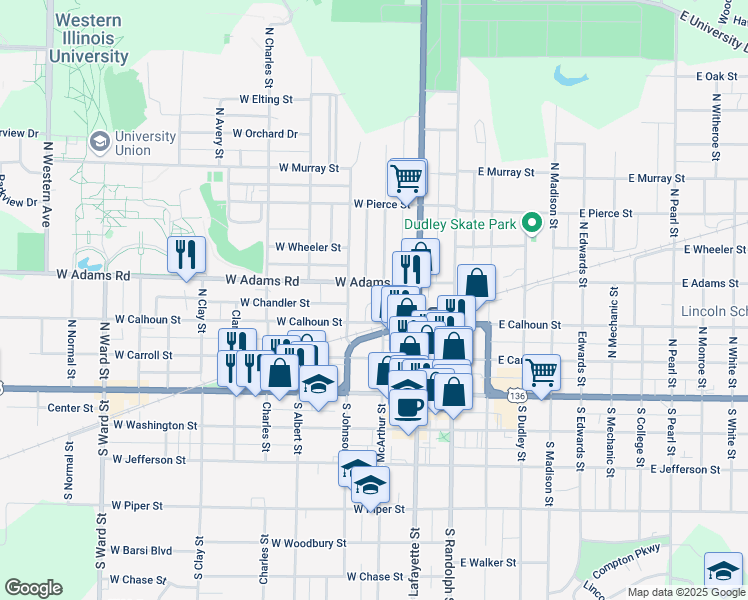 map of restaurants, bars, coffee shops, grocery stores, and more near 406 North McArthur Street in Macomb