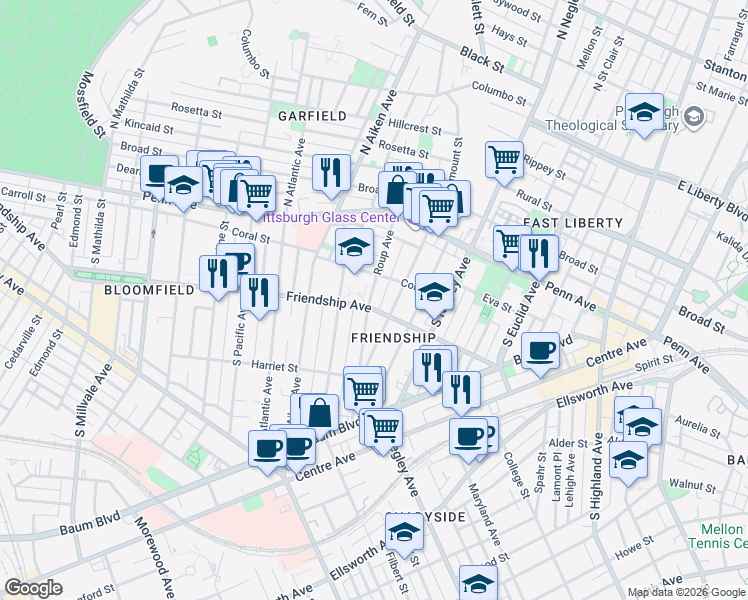 map of restaurants, bars, coffee shops, grocery stores, and more near 203 Roup Avenue in Pittsburgh