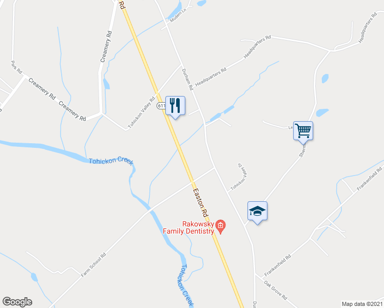 map of restaurants, bars, coffee shops, grocery stores, and more near 7655 Easton Road in Ottsville