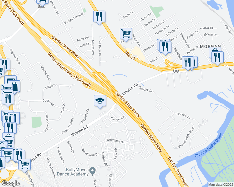map of restaurants, bars, coffee shops, grocery stores, and more near Garden State Parkway in South Amboy