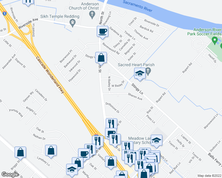 map of restaurants, bars, coffee shops, grocery stores, and more near 2789 North Bailey Drive in Anderson