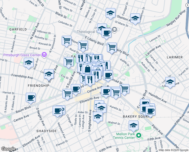 map of restaurants, bars, coffee shops, grocery stores, and more near 131 North Highland Avenue in Pittsburgh