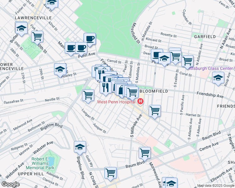 map of restaurants, bars, coffee shops, grocery stores, and more near Liberty Ave & Garnet Way in Pittsburgh