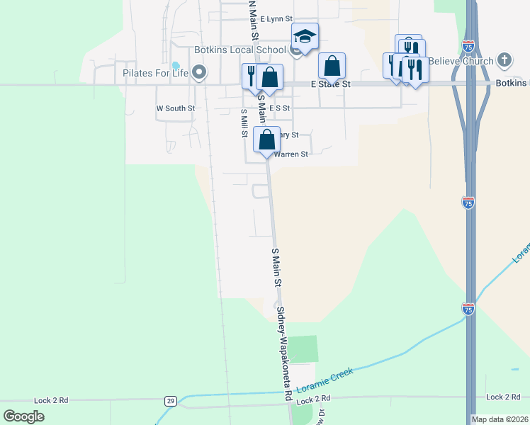 map of restaurants, bars, coffee shops, grocery stores, and more near 301-399 South Main Street in Botkins