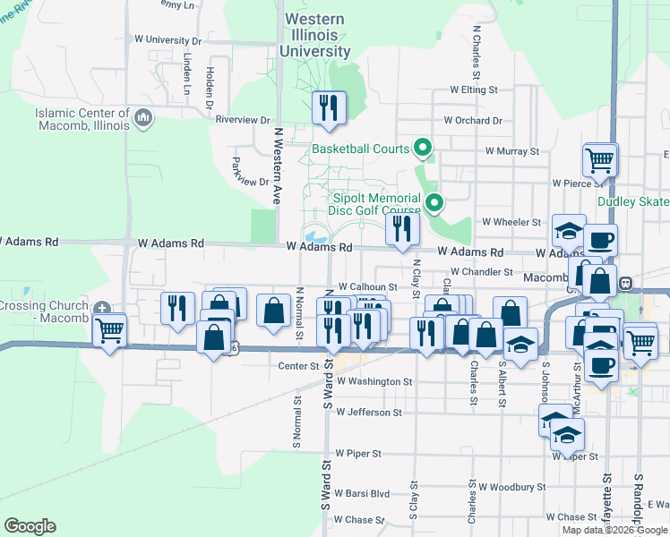 map of restaurants, bars, coffee shops, grocery stores, and more near 311 North Ward Street in Macomb