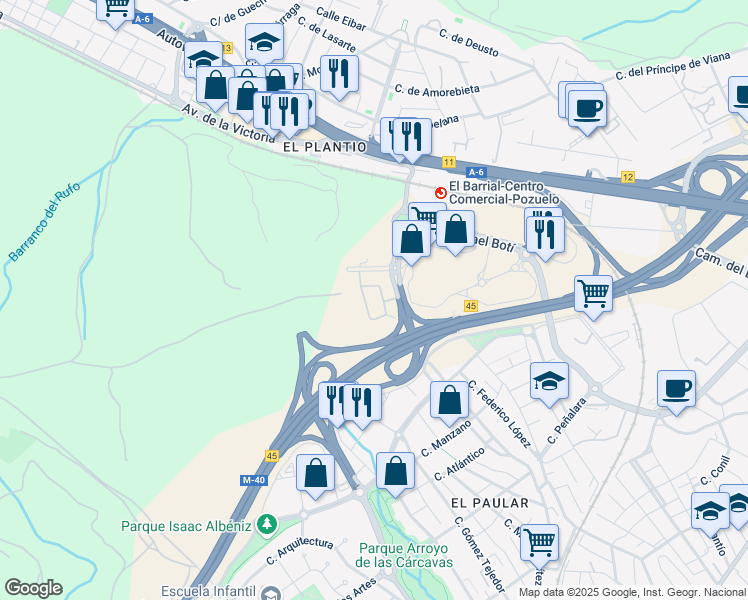 map of restaurants, bars, coffee shops, grocery stores, and more near 1 Camino del Cerro de los Gamos in Pozuelo de Alarcón
