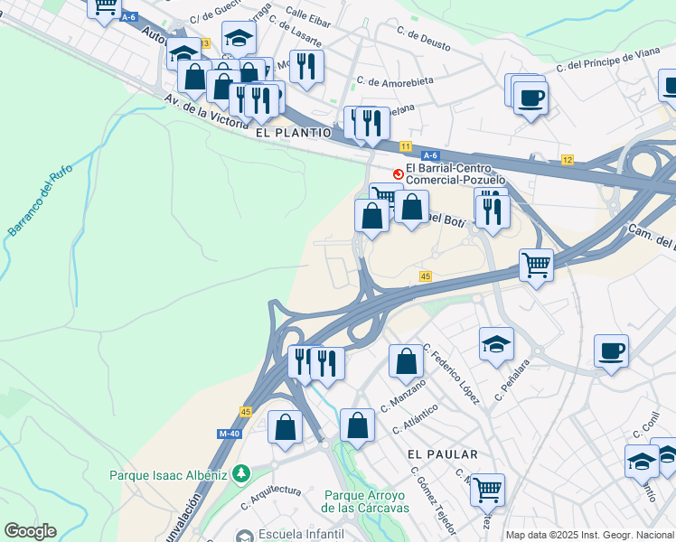 map of restaurants, bars, coffee shops, grocery stores, and more near 1 Camino del Cerro de los Gamos in Pozuelo de Alarcón