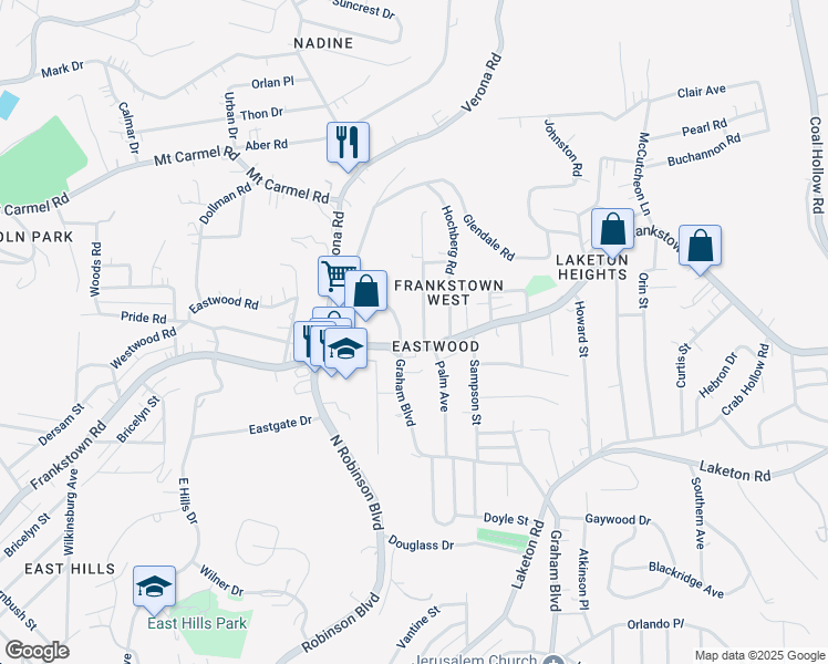 map of restaurants, bars, coffee shops, grocery stores, and more near 114 Conestoga Road in Pittsburgh