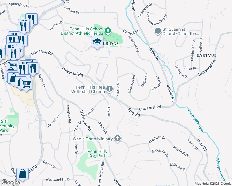 map of restaurants, bars, coffee shops, grocery stores, and more near 111 Collins Drive in Pittsburgh